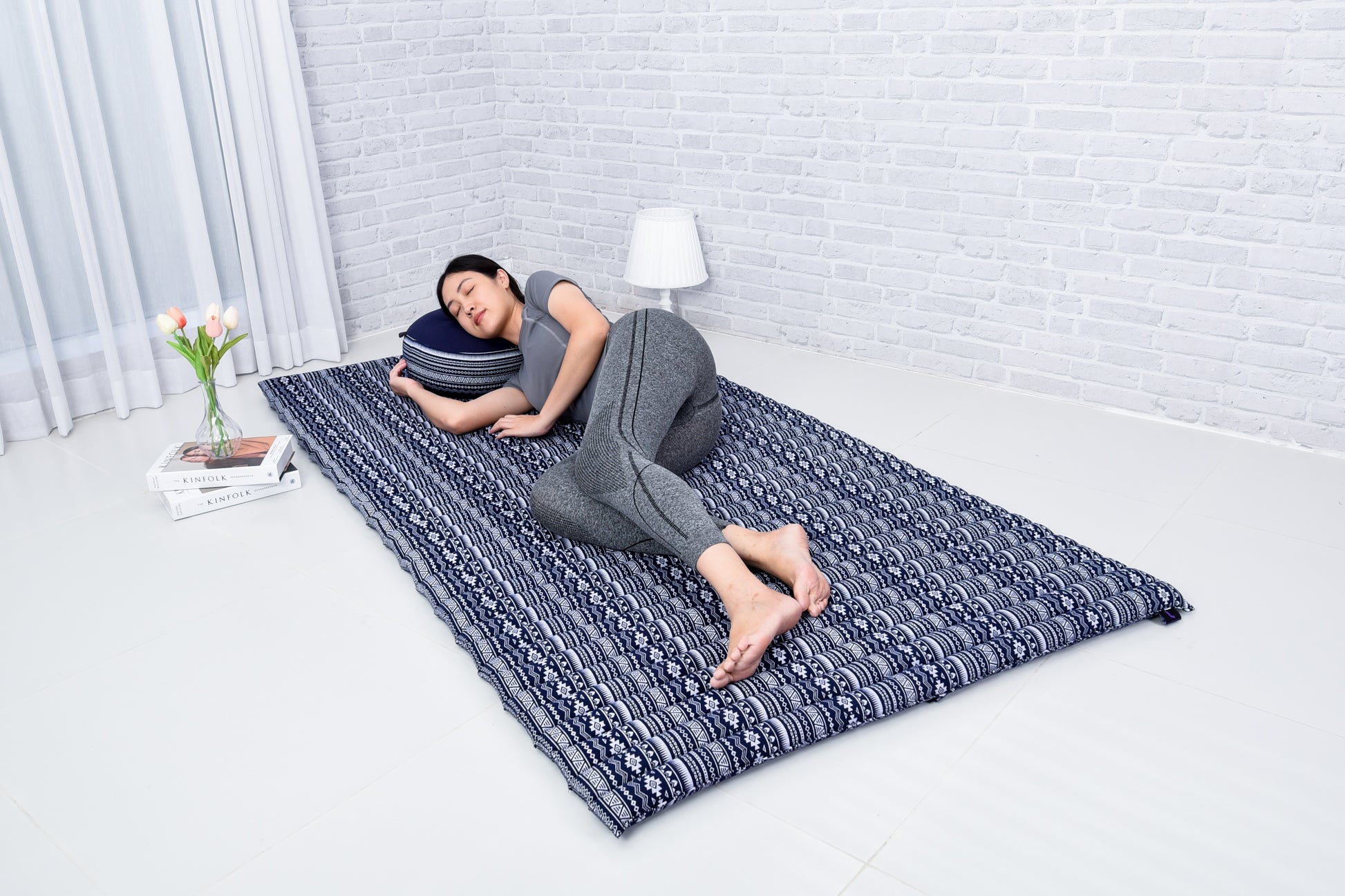 Kapok Roll-Up Mattress – Foldable Sleeping & Relax Mat with Cotton Cover for Home & Outdoor Use, Cbt2 - Dark Blue, L: 75x39
