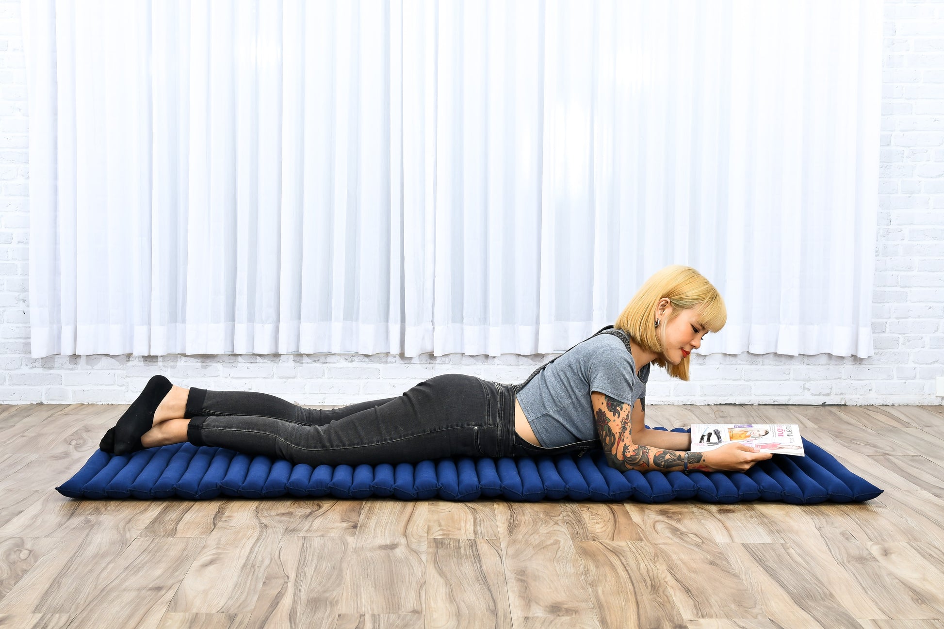 Kapok Roll-Up Mattress – Foldable Sleeping & Relax Mat with Cotton Cover for Home & Outdoor Use, Cl44 - blue, M: 75x28