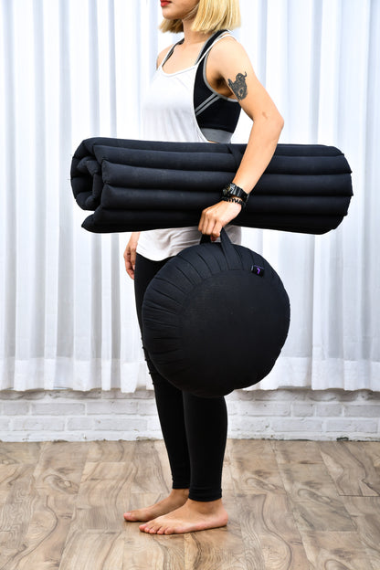 Kapok Meditation Cushion Set – Zabuton Mat & Zafu Seat Cushion with Cotton Cover, Cl02 - Black