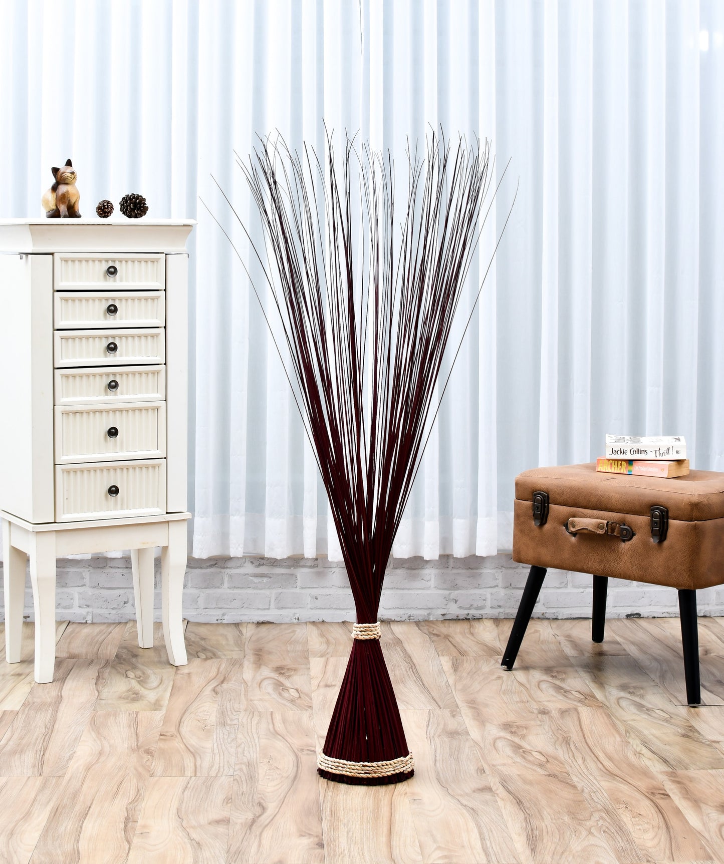 Freestanding Dried Grass Bundle – Natural Floor Decoration with Raffia Band, bordeaux, Dried Grass - 47 inches