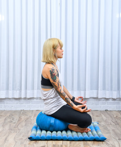 Kapok Meditation Cushion Set – Zabuton Mat & Zafu Seat Cushion with Cotton Cover, Sf22 - Blue