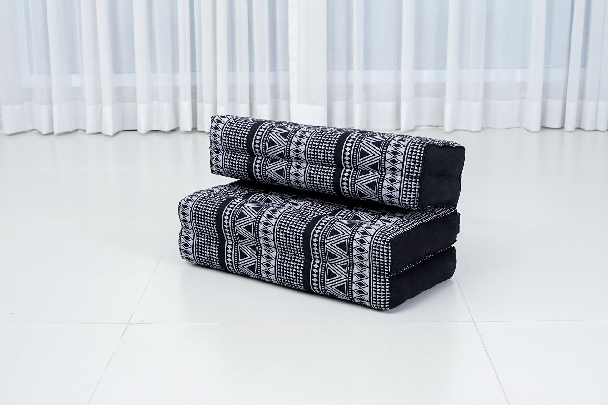 Foldable Meditation Cushion – Compact Kapok Seat with Foot Pad and Cotton Cover in Solid Colors or Thai Pattern, Cbt3 - Black