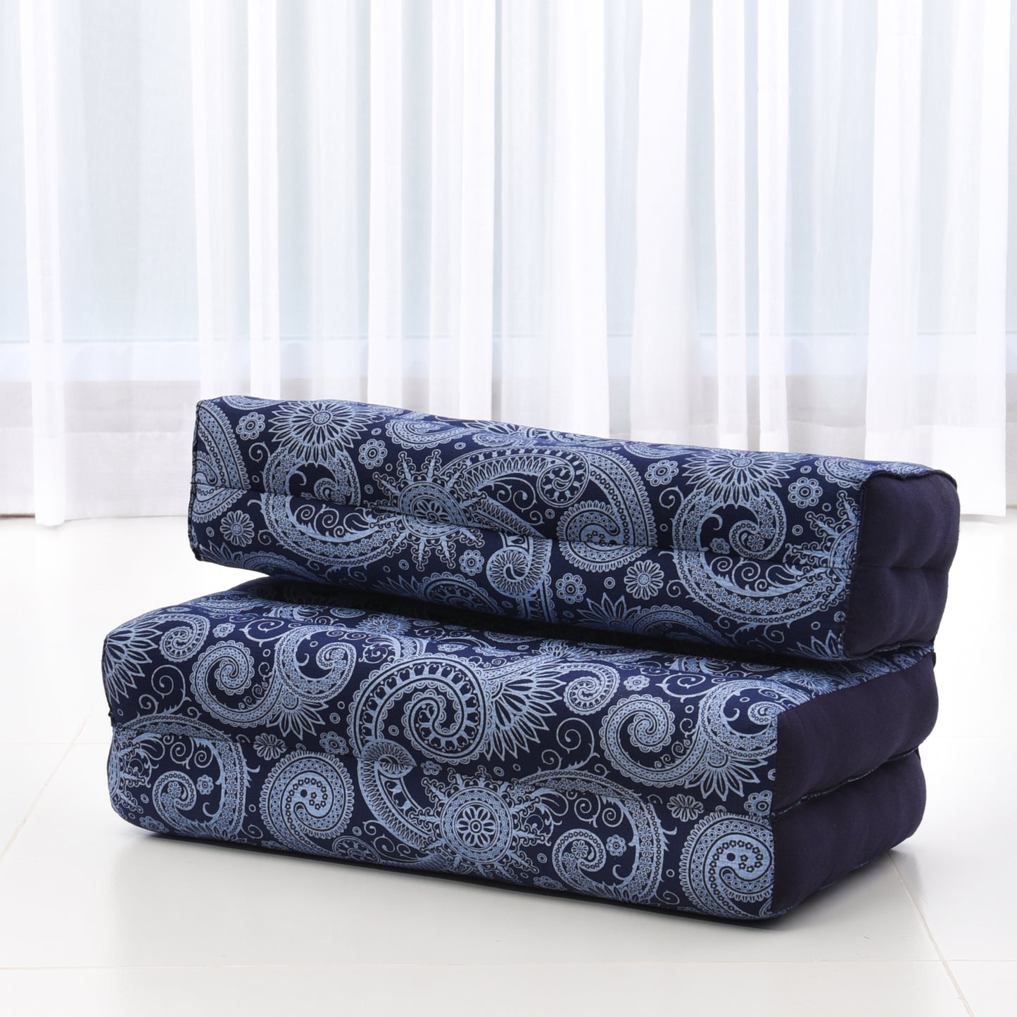Foldable Meditation Cushion – Compact Kapok Seat with Foot Pad and Cotton Cover in Solid Colors or Thai Pattern, Cbt1 - Blue