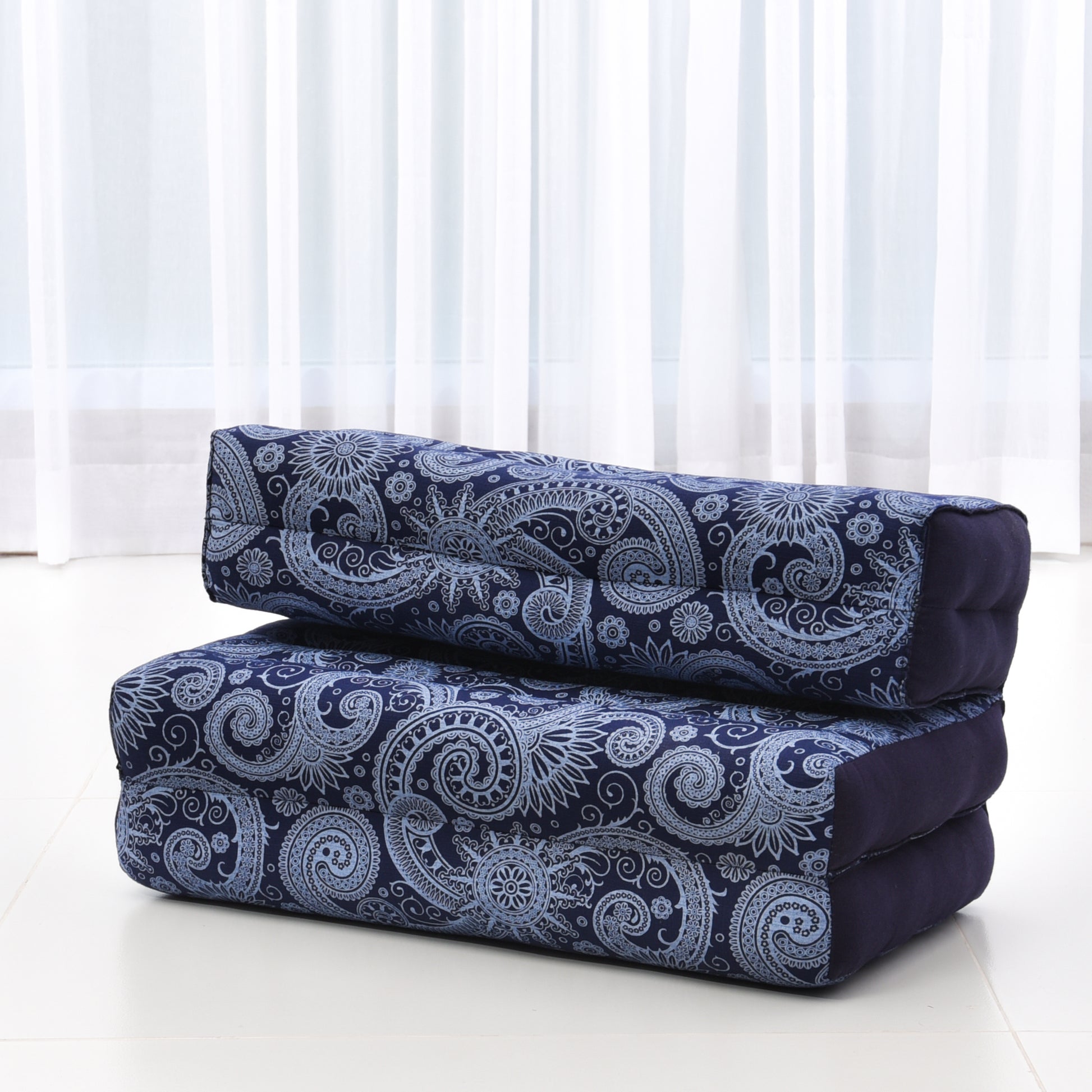 Foldable Meditation Cushion – Compact Kapok Seat with Foot Pad and Cotton Cover in Solid Colors or Thai Pattern, Cbt1 - Blue