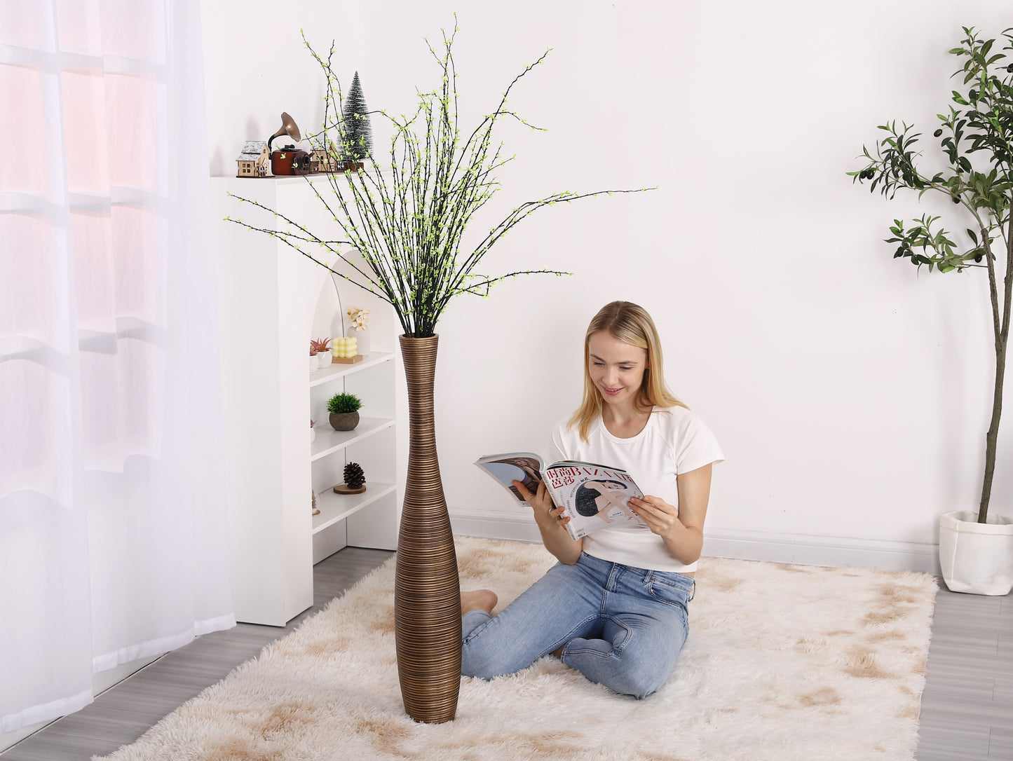 Large Resin Floor Vase – Stylish Waterproof Vase for Fresh & Dried Flowers, 34 inches