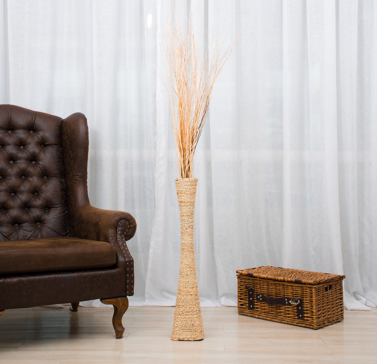 Large & Tall Floor Vase Made of Water Hyacinth and Bamboo – Handwoven Decorative Stand Vase for Dried Flowers & Branches, ecru, 28 inches - Model 1