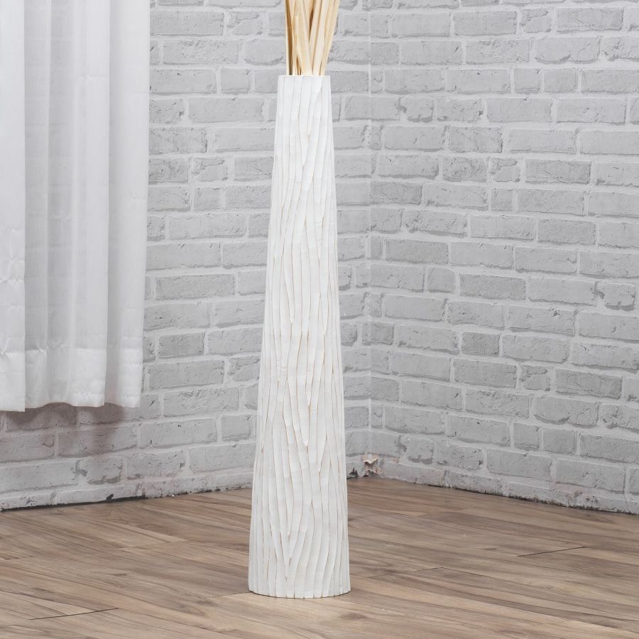 Leewadee Große Hohe Bodenvase 65 cm - Handgefertigte Weiß Mangoholz-Bodenvase für Pampasgras & Trockenblumen