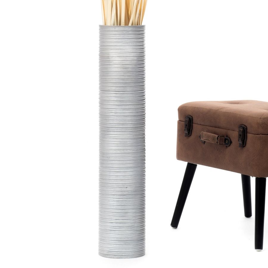 Leewadee Große Hohe Bodenvase 65 cm - Handgefertigte Silber Mangoholz-Bodenvase für Pampasgras & Trockenblumen