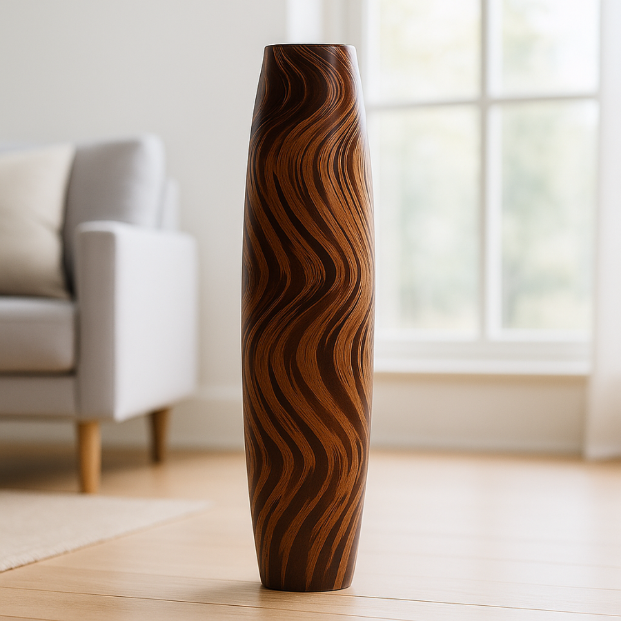 Leewadee Große Hohe Bodenvase 65 cm - Handgefertigte Braun Mangoholz-Bodenvase für Pampasgras & Trockenblumen