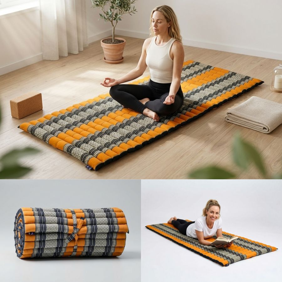 Leewadee Rollbare Thaimatte 190 X 70 cm - Kapok Bodenmatte zum Schlafen, Massieren & Meditieren Futon Alternative