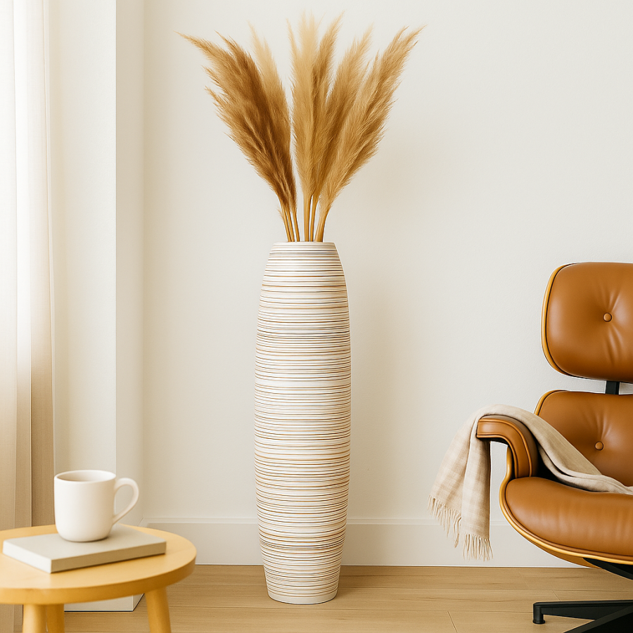 Leewadee Große Hohe Bodenvase 85 cm - Handgefertigte Mangoholz-Bodenvase in Weiß für Pampasgras & Trockenblumen