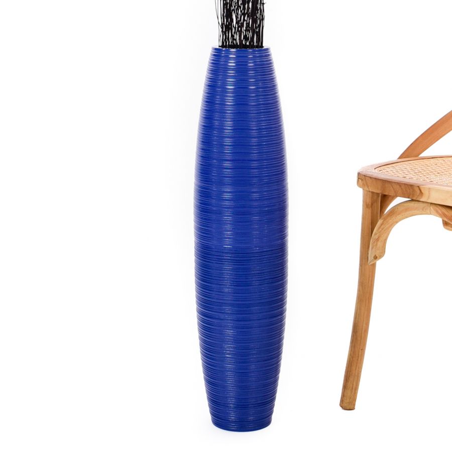 Leewadee Große Hohe Bodenvase 65 cm - Handgefertigte Mangoholz-Bodenvase in Blau für Pampasgras & Trockenblumen