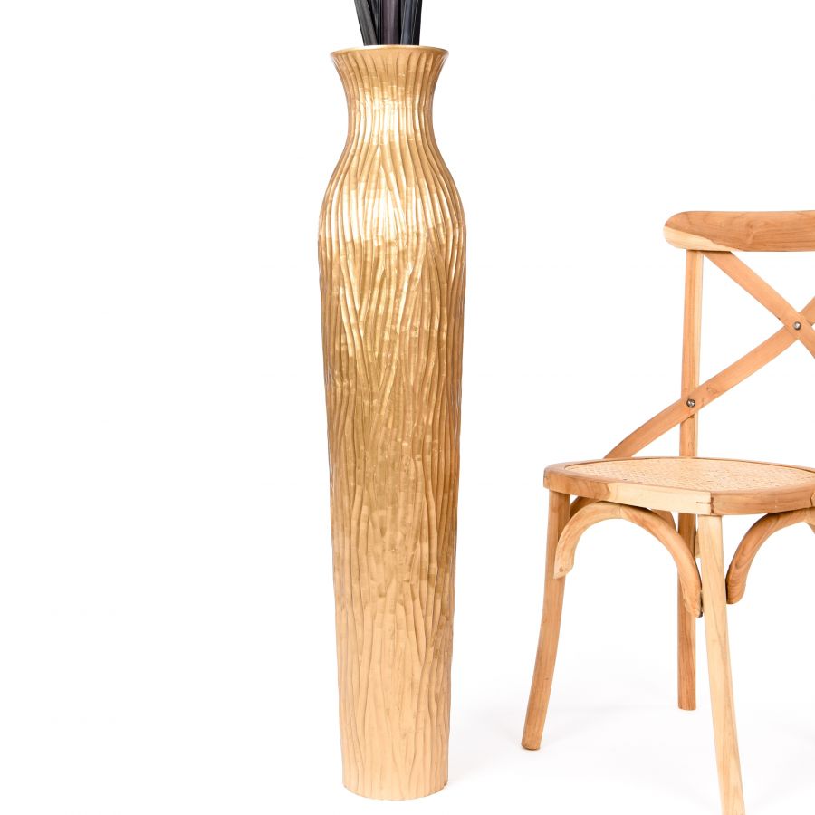 Leewadee Große Hohe Bodenvase 105 cm - Handgefertigte Mangoholz-Bodenvase in Gold für Pampasgras & Trockenblumen