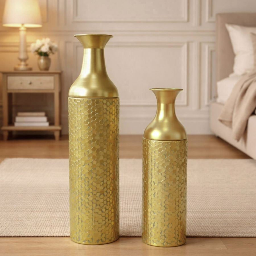 Leewadee Große Bodenvasen im 2er Set 53/41 cm - Hohe Metall Deko Vasen in Gold für Wohnzimmer Dekoration