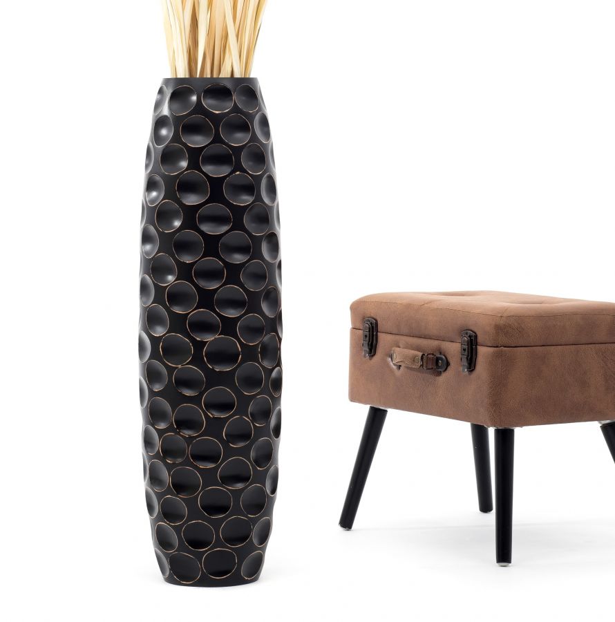 Leewadee Jarrón de Suelo Grande Alto 85 cm - Jarrón Negro Madera de Mango Hecho a Mano Hierba Pampa