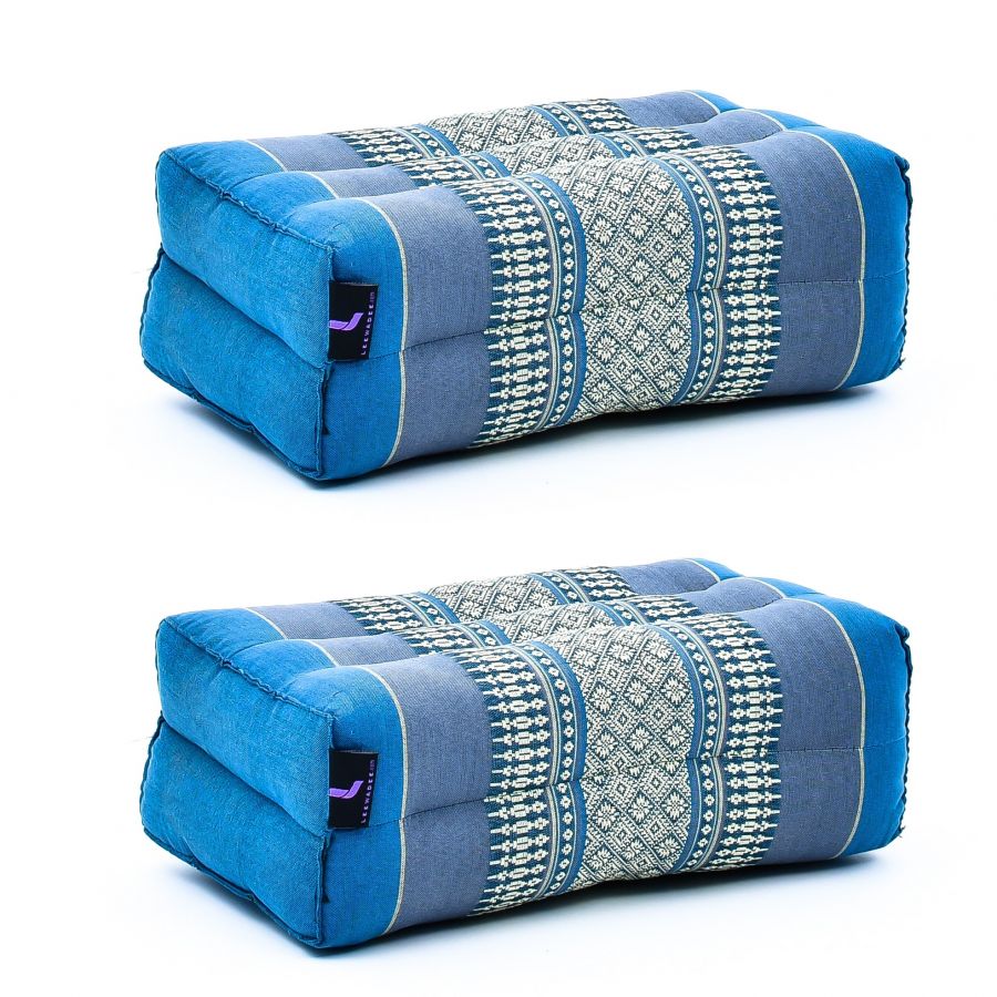 Leewadee set de 2 bloques de yoga pequeños - Cojines para pilates, almohadas para el suelo hechas a mano de kapok, 35 x 18 x 12 cm, set de 2, Azul