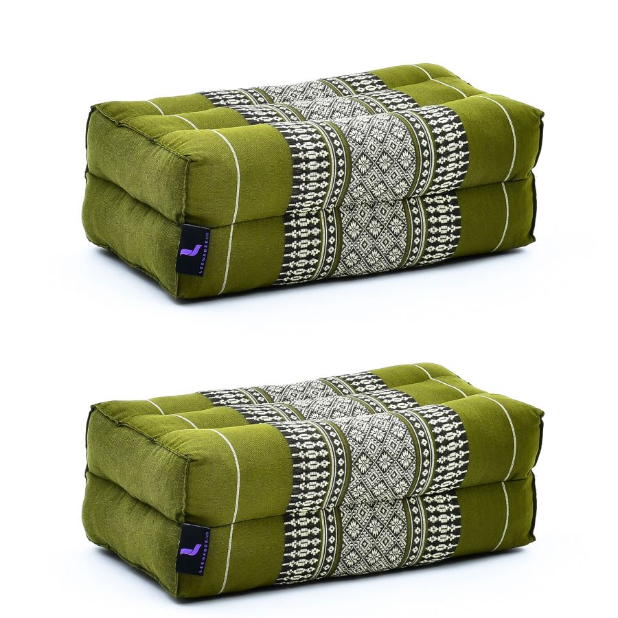 Leewadee set de 2 bloques de yoga pequeños - Cojines para pilates, almohadas para el suelo hechas a mano de kapok, 35 x 18 x 12 cm, set de 2, Verde
