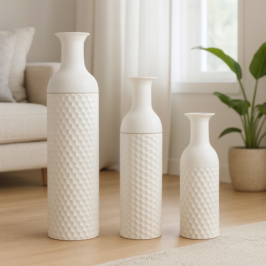 Leewadee Set de 3 Grandes Jarrones de Suelo 65/53/41 cm - Altos Jarrones de Metal en Blanco para Decoración Hogar