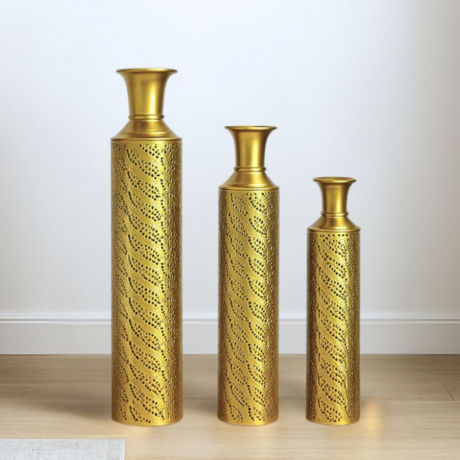 Leewadee Set de 3 Grandes Jarrones de Suelo 65/53/41 cm - Altos Jarrones de Metal en Dorado para Decoración Hogar
