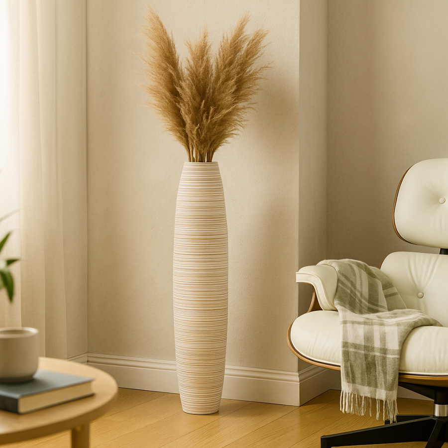 Leewadee Jarrón de Suelo Grande Alto 65 cm - Jarrón Blanco Madera de Mango Hecho a Mano Hierba Pampa