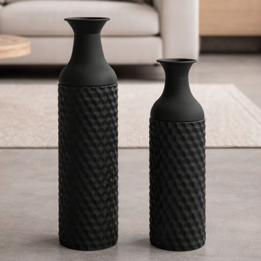 Leewadee Set de 2 Grandes Jarrones de Suelo 53/41 cm - Altos Jarrones de Metal en Negro para Decoración Hogar