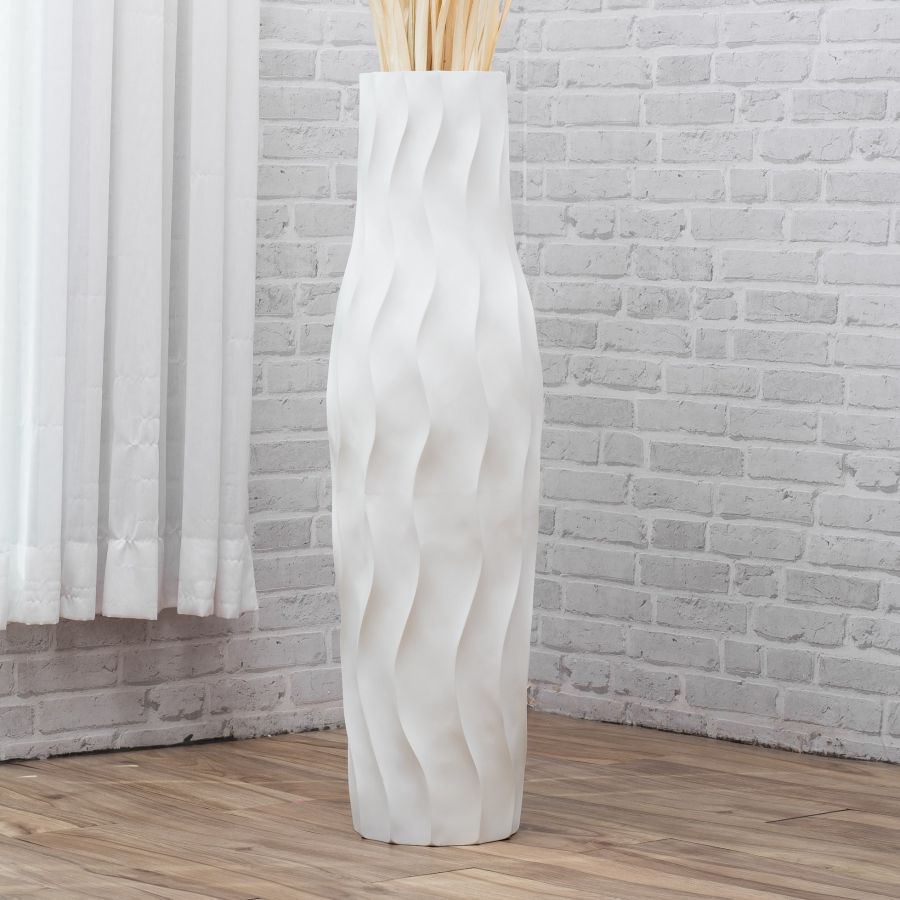 Leewadee Grand Vase de Sol Haut 85 cm - Vase Blanc Bois de Manguier Fait Main Herbes de la Pampa