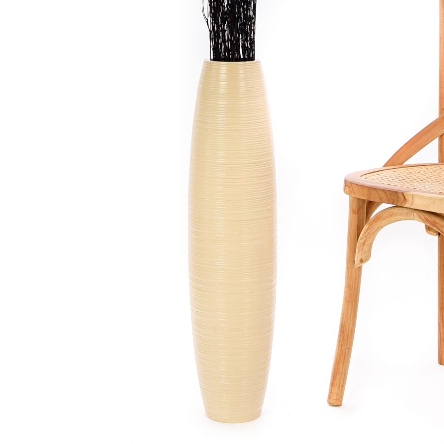 Leewadee Grand Vase de Sol Haut 65 cm - Vase Crème Bois de Manguier Fait Main Herbes de la Pampa