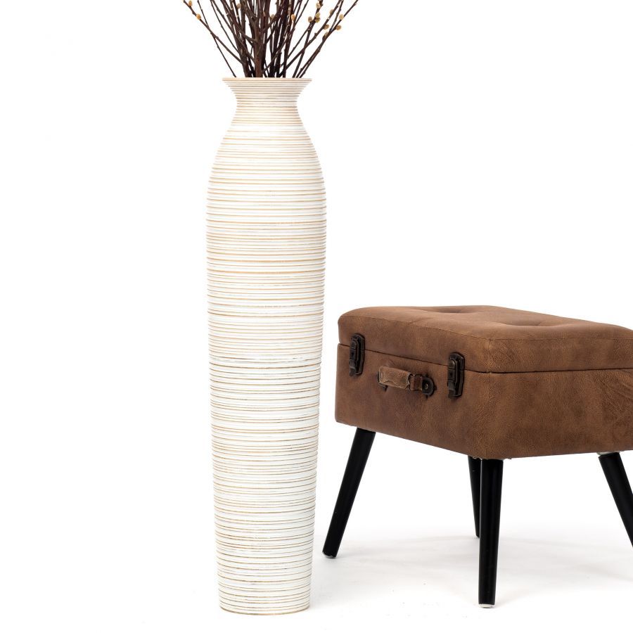 Leewadee Grand Vase de Sol Haut 85 cm - Vase Blanc Bois de Manguier Fait Main Herbes de la Pampa