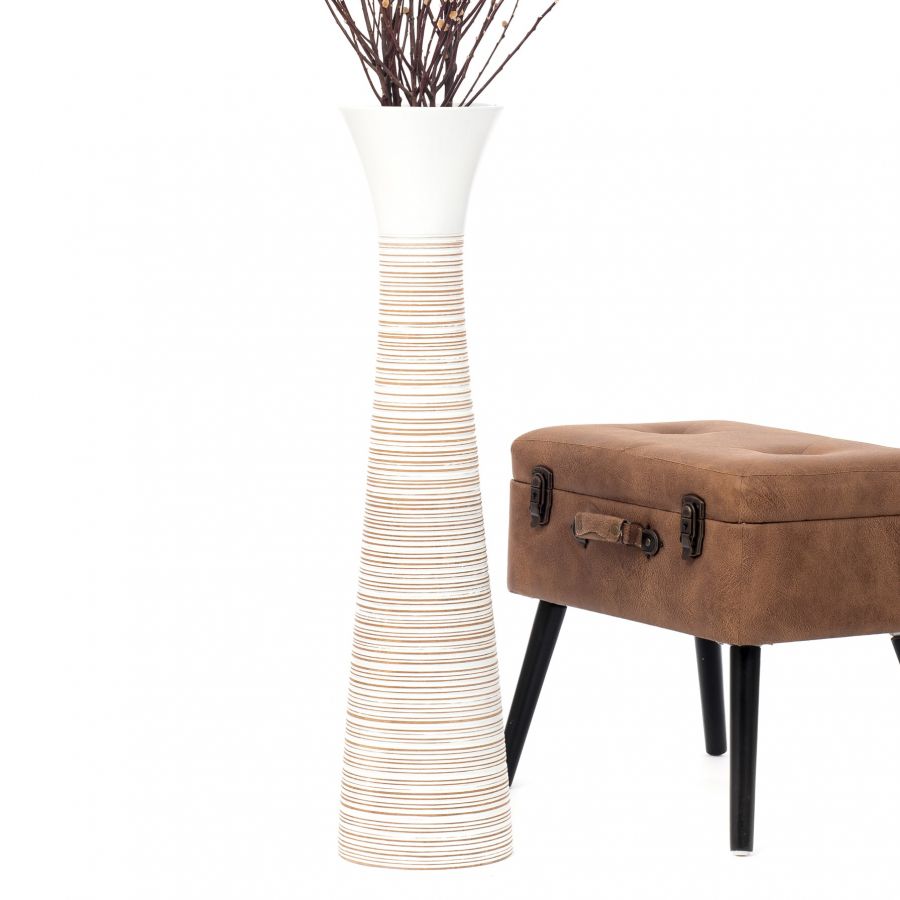 Leewadee Grand Vase de Sol Haut 85 cm - Vase Blanc Bois de Manguier Fait Main Herbes de la Pampa