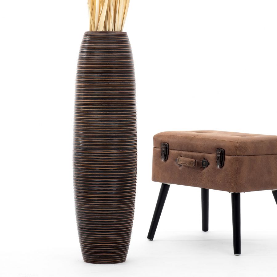 Leewadee Grand Vase de Sol Haut 85 cm - Vase Marron Bois de Manguier Fait Main Herbes de la Pampa