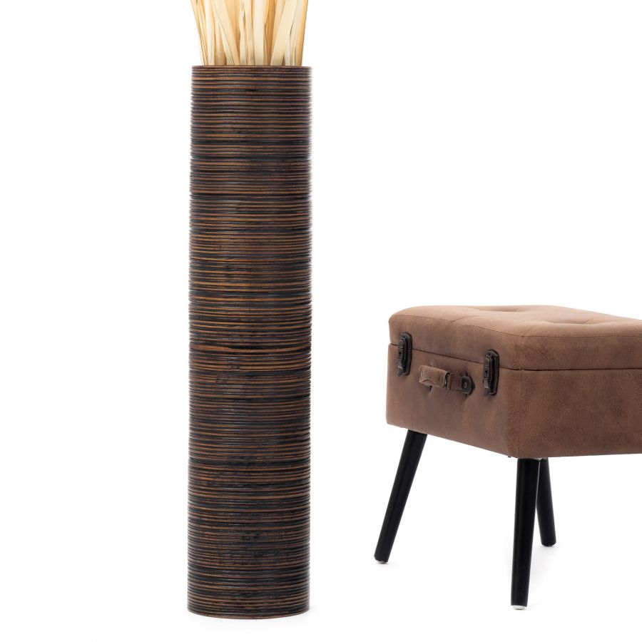 Leewadee Grand Vase de Sol Haut 85 cm - Vase Marron Bois de Manguier Fait Main Herbes de la Pampa