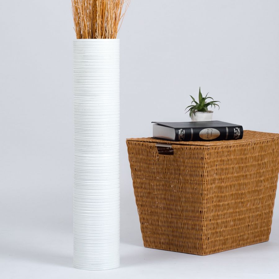 Leewadee Grand Vase de Sol Haut 65 cm - Vase Blanc Bois de Manguier Fait Main Herbes de la Pampa