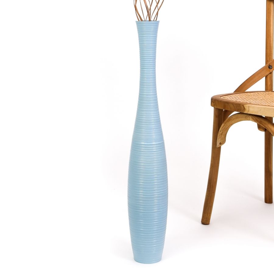 Leewadee Grand Vase de Sol Haut 65 cm - Vase Bleu Bois de Manguier Fait Main Herbes de la Pampa