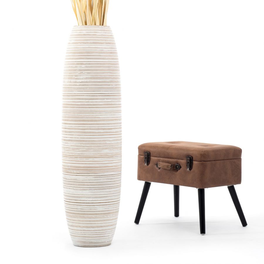 Leewadee Grand Vase de Sol Haut 105 cm - Vase Blanc Bois de Manguier Fait Main Herbes de la Pampa