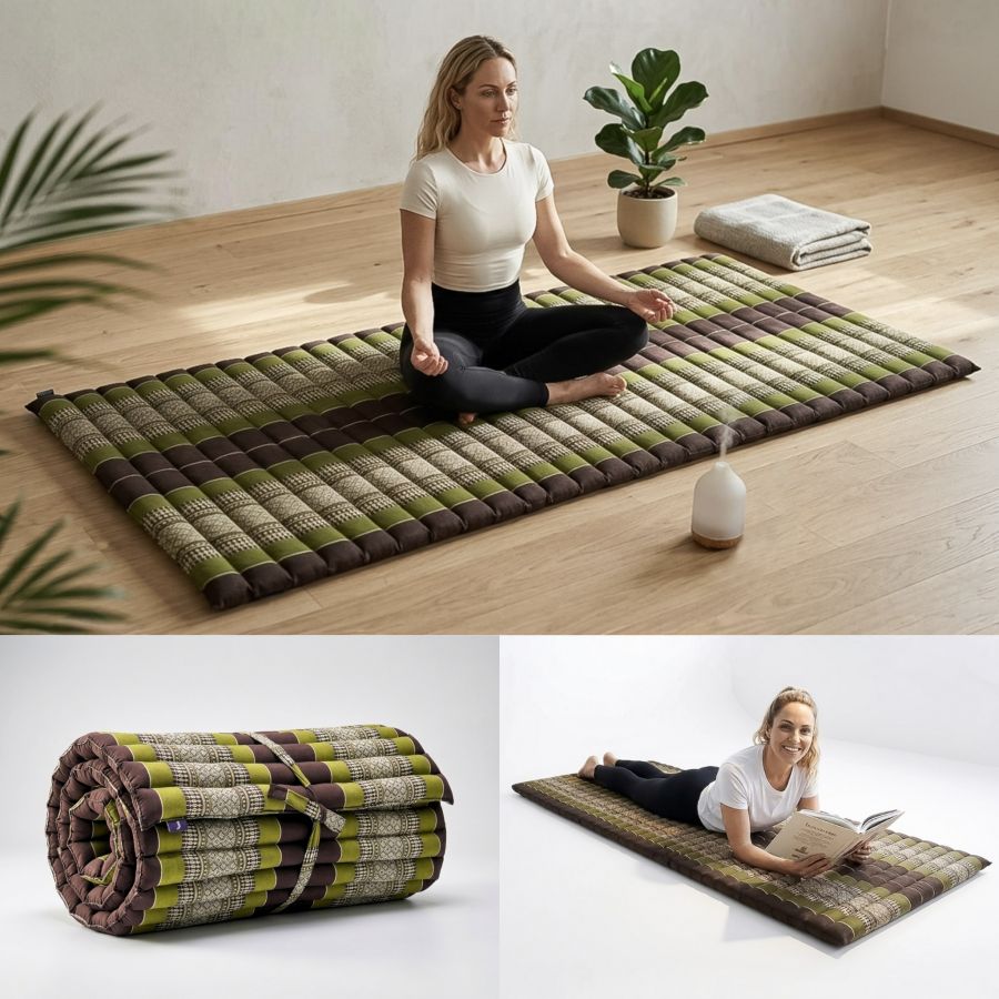 Leewadee Tapis Thai Enroulable 190 X 70 cm - Kapok Tapis de Sol Sommeil Massage Méditation Alternative Futon