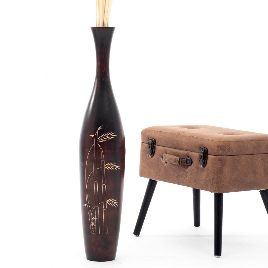 Leewadee Vaso da Terra Grande Alto 85 cm - Vaso Marrone Legno di Mango Fatto a Mano Erbe della Pampa