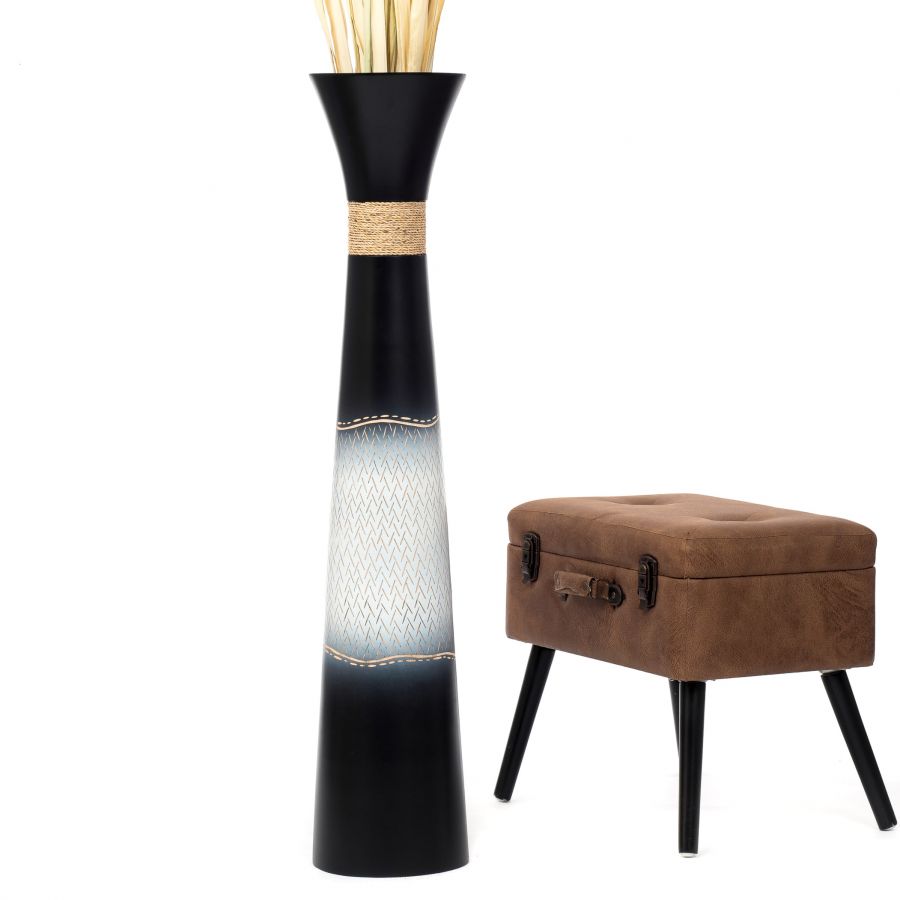 Leewadee Vaso da Terra Grande Alto 105 cm - Vaso Nero Legno di Mango Fatto a Mano Erbe della Pampa