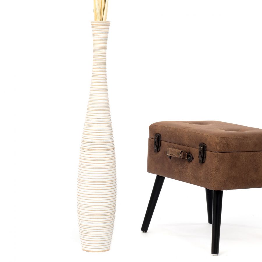 Leewadee Vaso da Terra Grande Alto 85 cm - Vaso Bianco Legno di Mango Fatto a Mano Erbe della Pampa