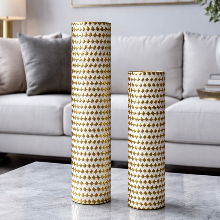 Leewadee Set di 2 Grandi Vasi da Terra 60/47 cm - Alti Vasi in Metallo Oro per Decorazione Casa