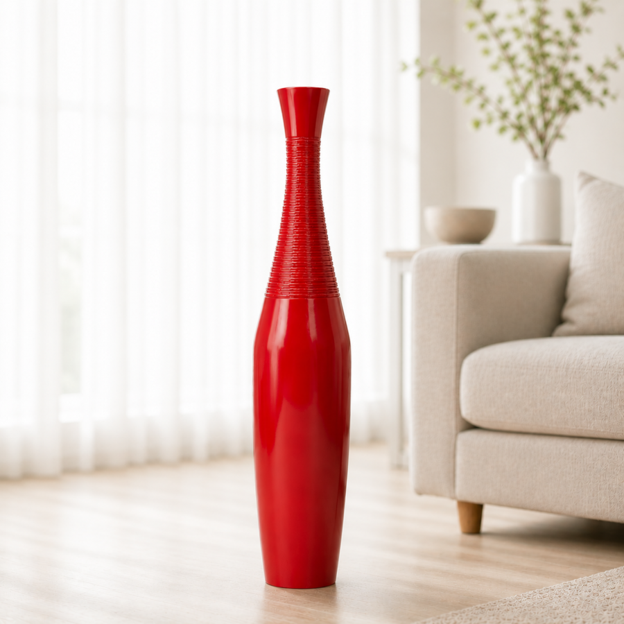 Leewadee Vaso da Terra Grande Alto 85 cm - Vaso Rosso Legno di Mango Fatto a Mano da Interno Erbe della Pampa