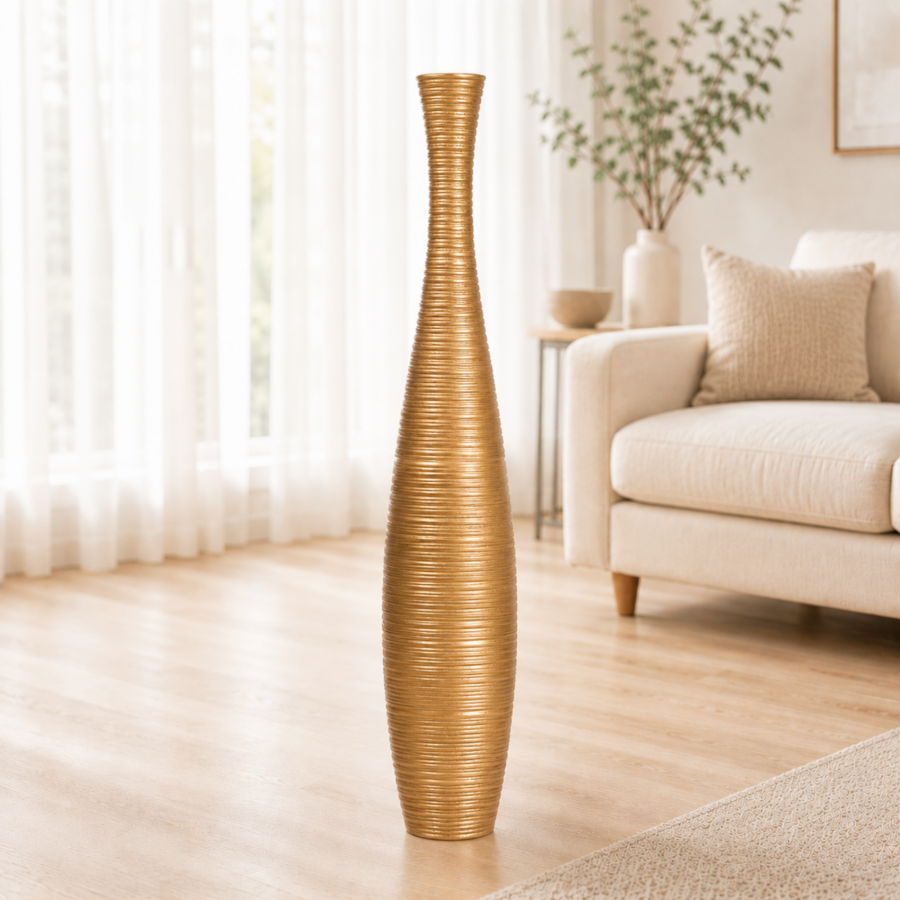 Leewadee Vaso da Terra Grande Alto 85 cm - Vaso Oro Legno di Mango Fatto a Mano da Interno Erbe della Pampa