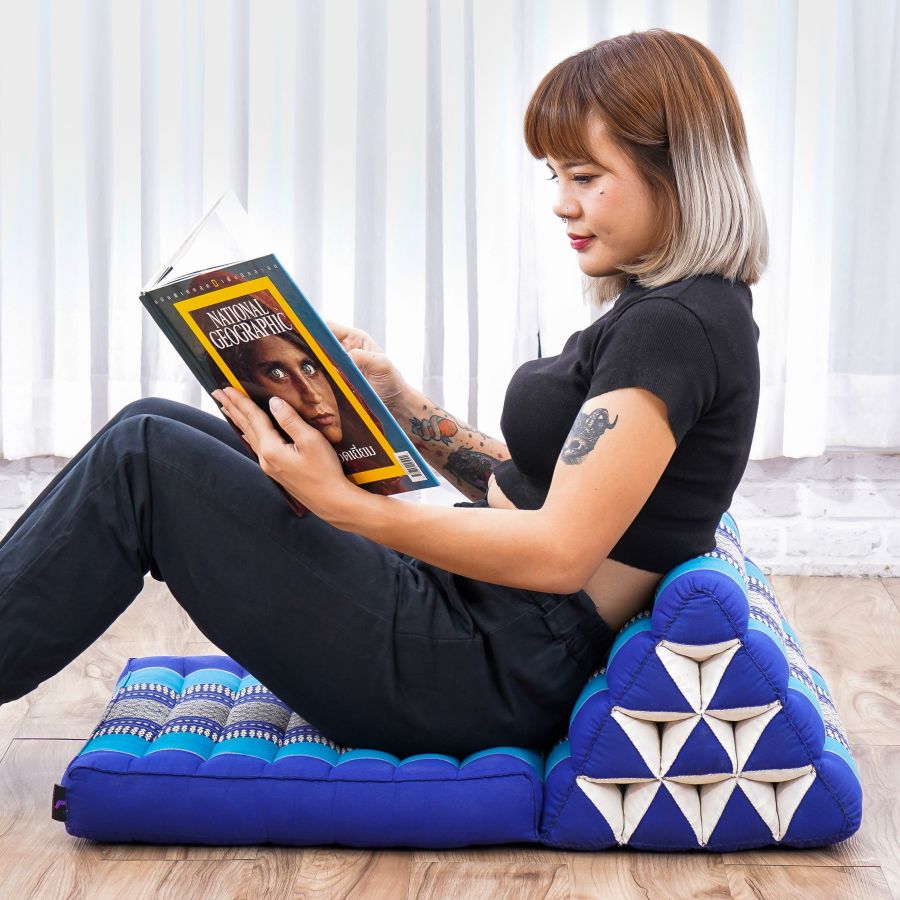 Leewadee 1-Fold Mat with Triangle Cushion – Comfortable TV Pillow, Foldable Mattress with Cushion Made of Kapok, 30 x 20 inches, Blue