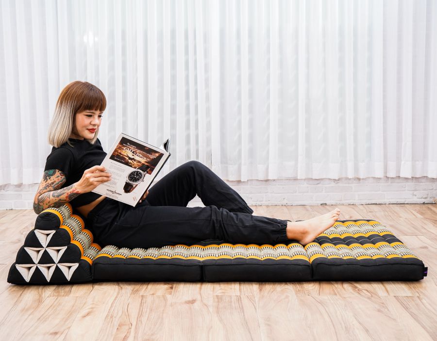 Leewadee Comfortable Japanese Floor Mattress - Thai Floor Bed With Triangle Cushion - Futon Mattress - XL Extra Wide Thai Massage Mat, 67 x 31 inches, Black Orange, Kapok Filling