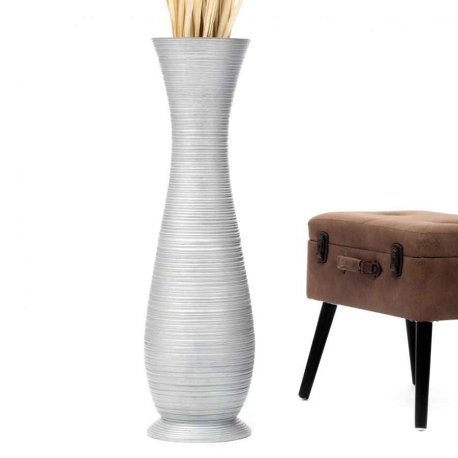 Leewadee Large Tall Floor Vase 34 inches - Handcrafted Silver Mango Wood Vase for Pampas Grass & Dried Flowers