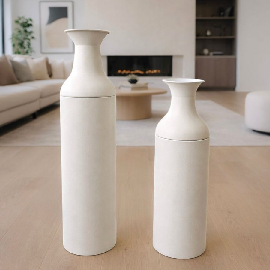 Leewadee Set of 2 Large Floor Vases 21/16 inches - Tall Metal Decorative Vases in White for Home Decor