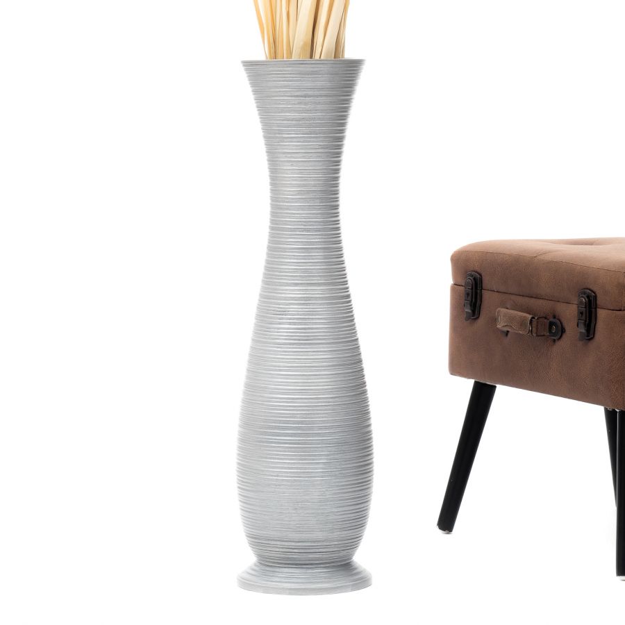 Leewadee Large Tall Floor Vase 26 inches - Handcrafted Silver Mango Wood Vase for Pampas Grass & Dried Flowers