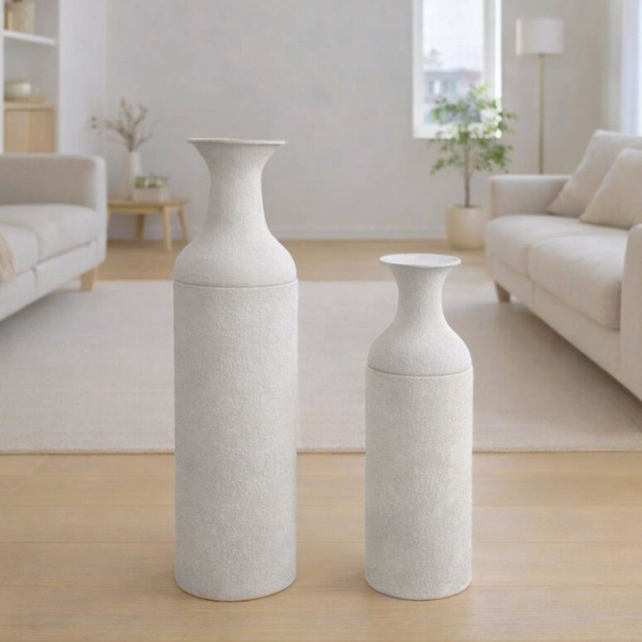 Leewadee Set of 2 Large Floor Vases 21/16 inches - Tall Metal Decorative Vases in White for Home Decor