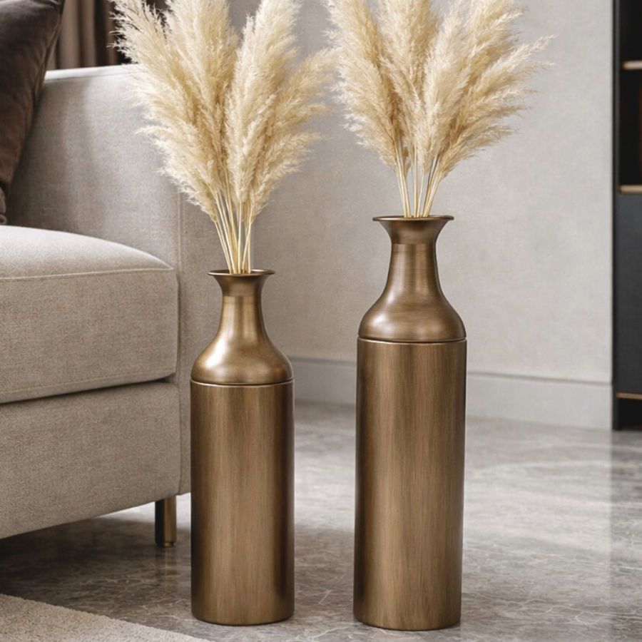 Leewadee Set of 2 Large Floor Vases 21/16 inches - Tall Metal Decorative Vases in Bronze for Home Decor