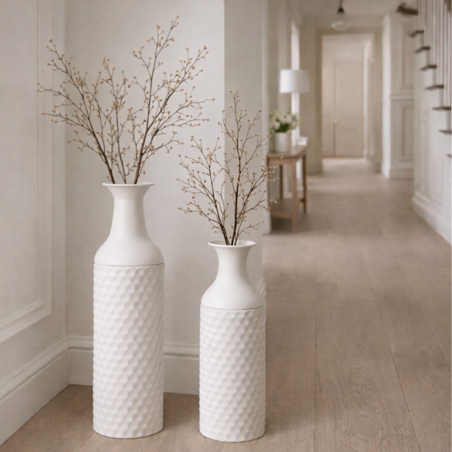 Leewadee Set of 2 Large Floor Vases 21/16 inches - Tall Metal Decorative Vases in White for Home Decor