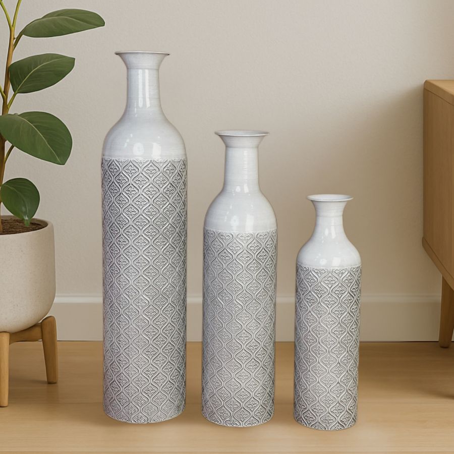 Leewadee Set of 3 Large Floor Vases 26/21/16 inches - Tall Metal Decorative Vases in White for Home Decor